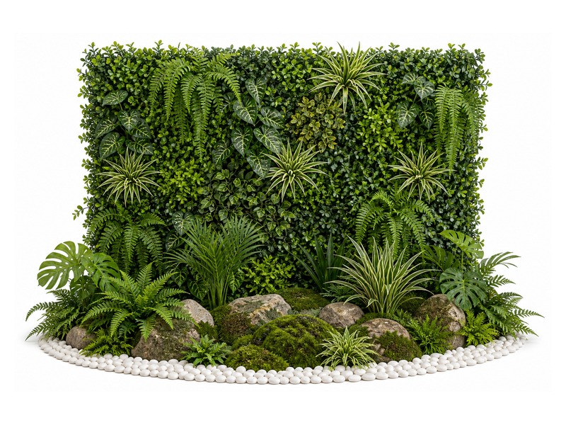 Green wall with mixed foliage and stone base