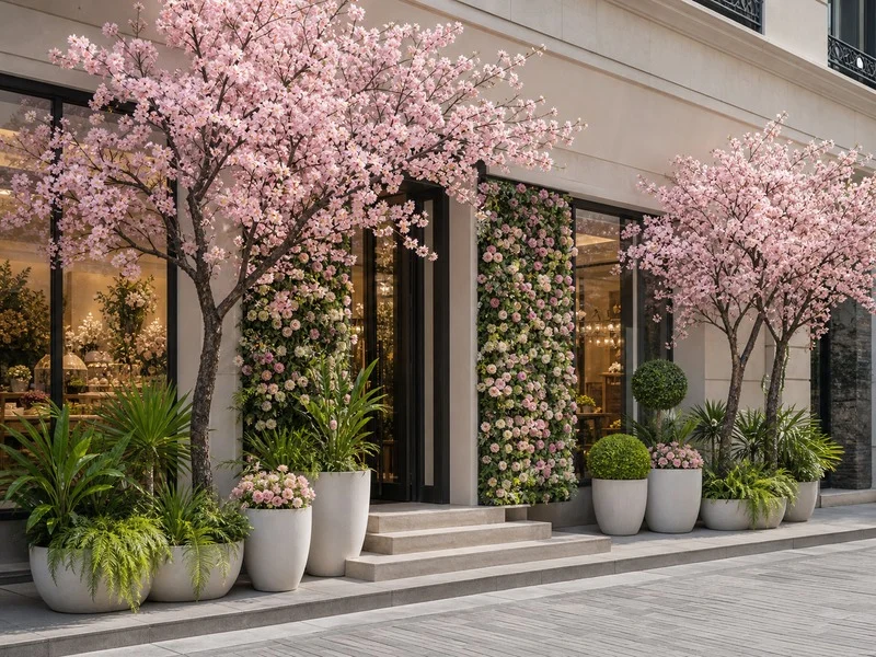 Artificial cherry blossom trees lining a commercial street