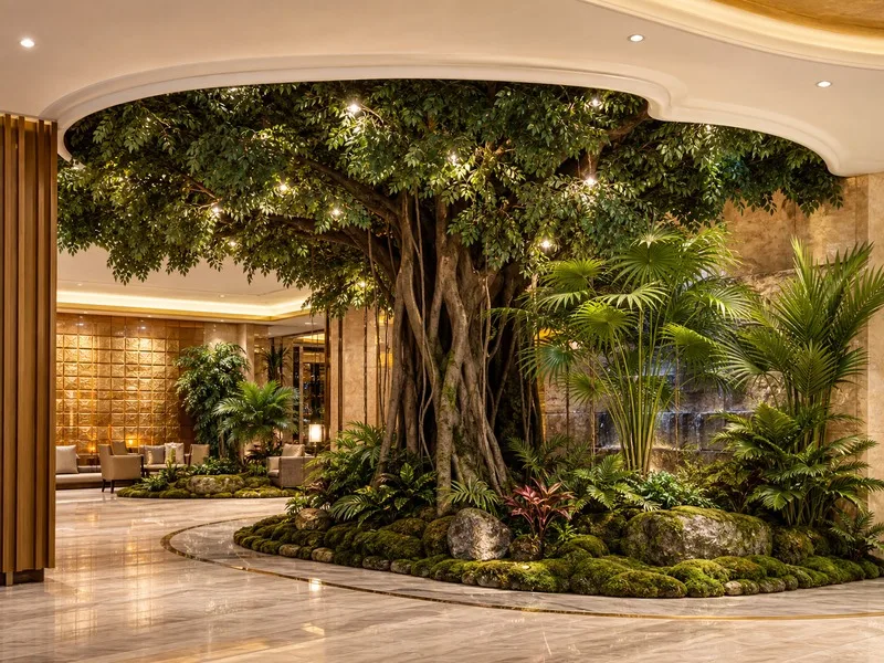 Artificial tropical landscape in a hotel lobby