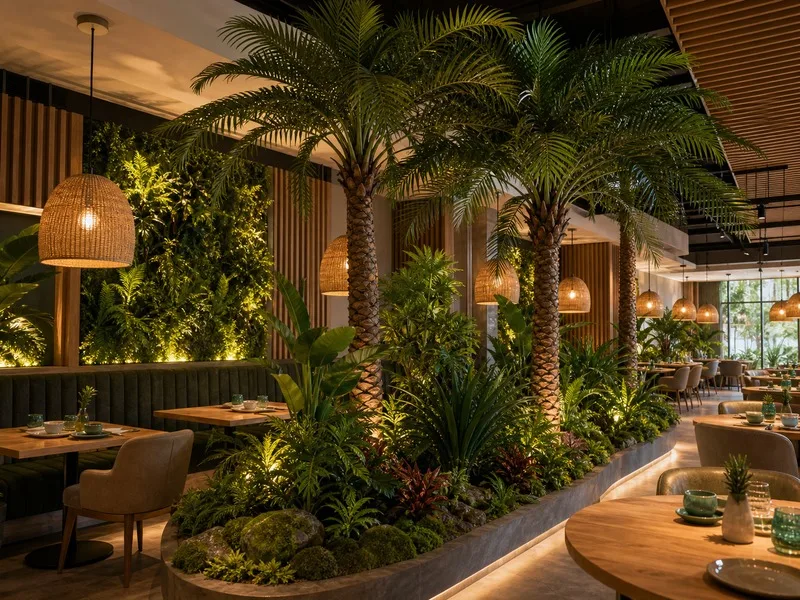 Artificial tropical greenery in a restaurant